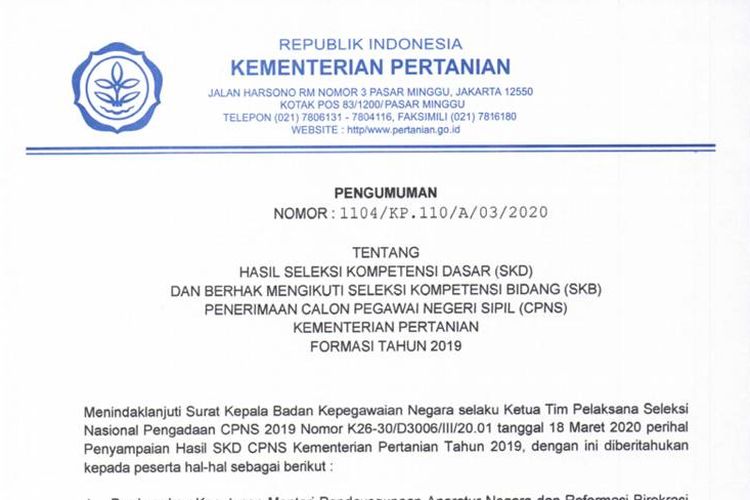 Tangkapan layar pengumuman SKB Kementerian Pertanian 2019