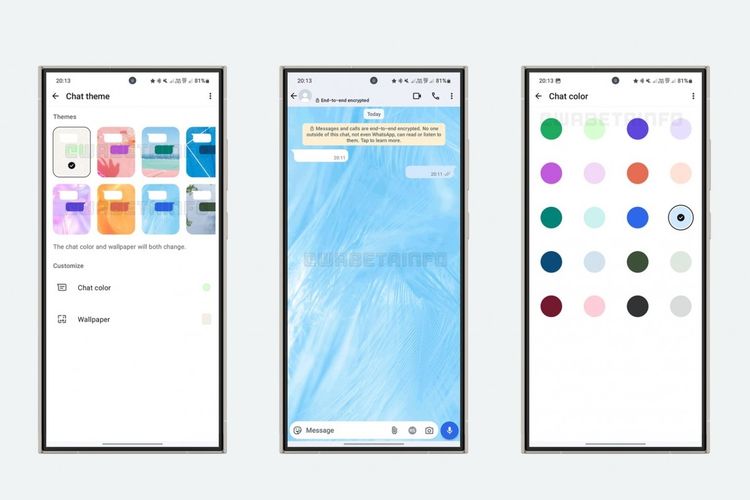 Ilustrasi fitur baru Chat Themes di WhatsApp. Fitur ini memungkinkan pengguna mengatur tema, warna bubble chat (balon percakapan), dan wallpaper yang berbeda untuk tiap ruang obrolan (chat) di WhatsApp.