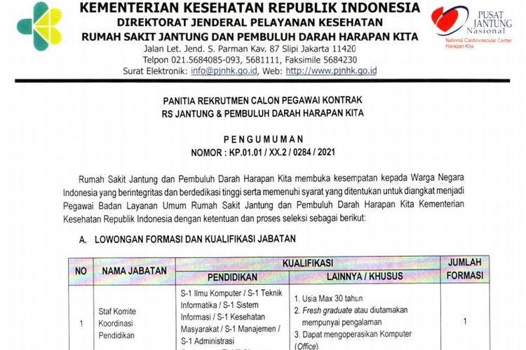 RS Jantung dan Pembuluh Darah Harapan Kita sedang membuka lowongan kerja bagi masyarakat Indonesia.