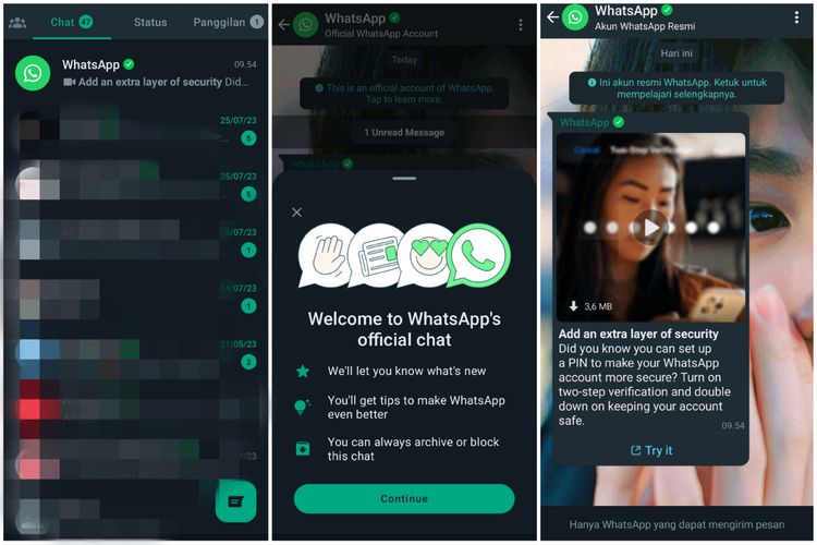 Tangkapan layar chat dari WhatsApp official chat alias akun WhatsApp resmi.