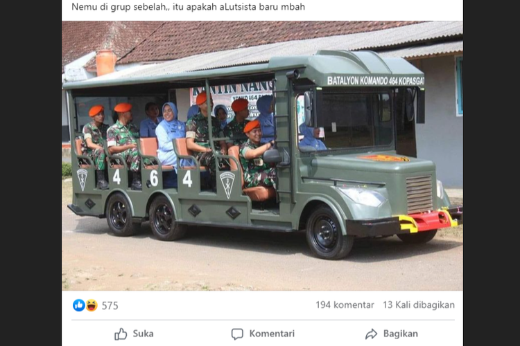 Tangkapan layar unggahan foto memperlihatkan mobil yang disebut warganet menyerupai odong-odong bertuliskan Batalyon Komando 464 Kopasgat.
