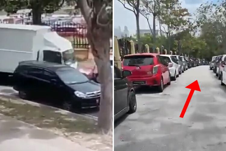 Tangkapan layar dari video truk masuk jalan sempit di kompleks Putrajaya, Malaysia, lalu menabrak dan menyerempet mobil-mobil di sana