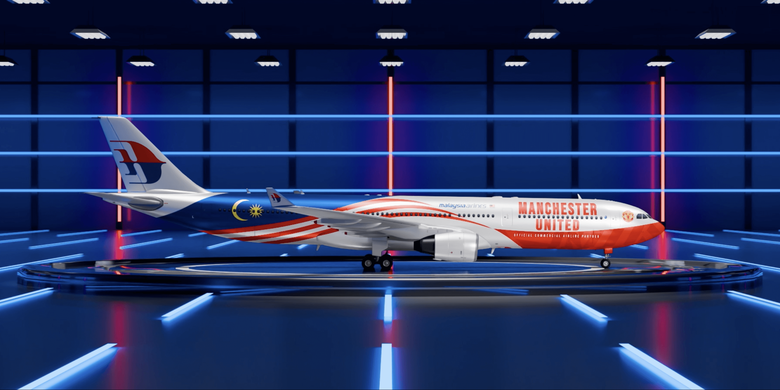 Ilustrasi pesawat Malaysia Airlines dengan livery Manchester United. 
