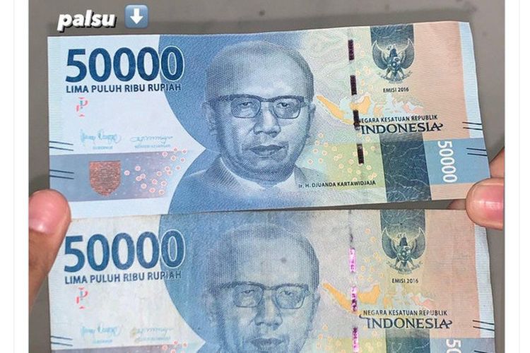 Tangkapan layar unggahan perbedaan uang palsu dan uang asli yang diduga marak beredar di Yogyakarta. 