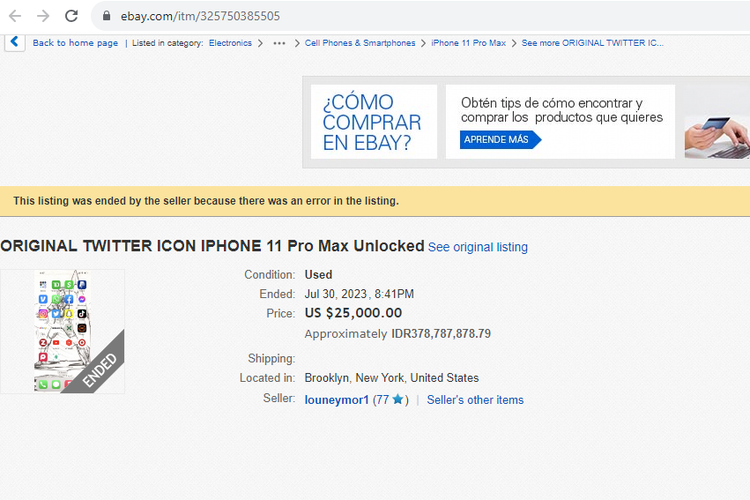 Tangkap layar penjualan iPhone dengan logo Twitter burung di eBay.
