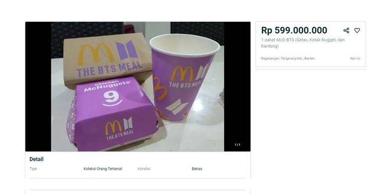 Tangkapan layar produk salah satu marketplace soal bungkus BTS Meal dijual Rp 599 juta