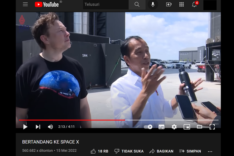 Tangkapan layar video di akun YouTube Presiden Joko Widodo (terverifikasi) pada Minggu (15/5/2022), mengenai pertemuan Jokowi dan Elon Musk di Gedung Stargate Space X, Boca Chica, Amerika Serikat (AS) pada Sabtu (14/5/2022).