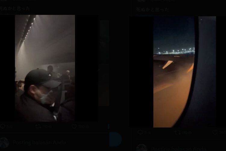 Tangkapan layar video diduga direkam penumpang Japan Airlines ketika pesawar mendarat dan terbakar di Bandara Haneda,Tokyo, Jepang pada Selasa (2/1/2024).
