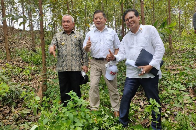 Menteri Perencanaan Pembangunan Nasional Suharso Monoarfa (tengah) didampingi Gubernur Kalimantan Timur Isran Noor, dan Juru Bicara Presiden Fadjroel Rachman saat meninjau lokasi titik Istana Negara di Penajam Paser Utara, Kalimantan Timur, Senin (12/4/2021).