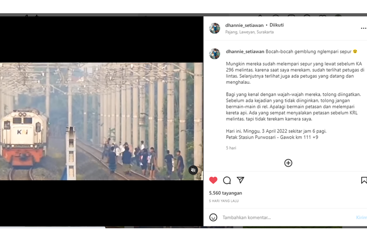 Tangkapan layar unggahan video yang memperlihatkan sejumlah remaja kedapatan melempari kereta api yang melintas viral di petak Stasiun Purwosari-Gawok kilometer (Km) 111 +9 pada Minggu (3/4/2022) pukul 06.00 WIB.