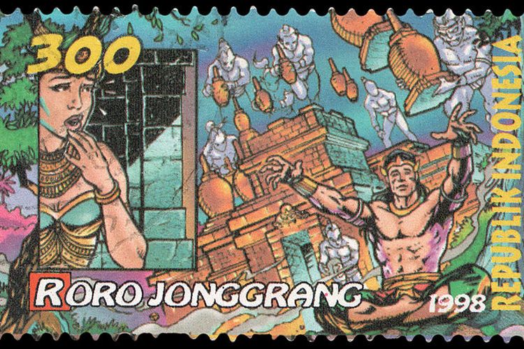 Ilustrasi Roro Jonggrang dan Bandung Bondowoso yang membangun Candi Prambanan dalam perangko tahun 1998