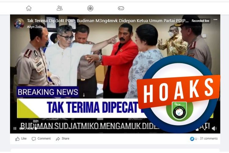 Tangkapan layar Facebook narasi yang menyebut Budiman Sudjatmiko mengamuk di depan Megawati