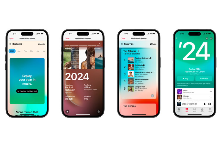 Apple Music Replay 2024 dirilis hadirkan statistik total durasi streaming musik, top artis, top lagu, top album, playlist Replay 2024, dan lainnya.