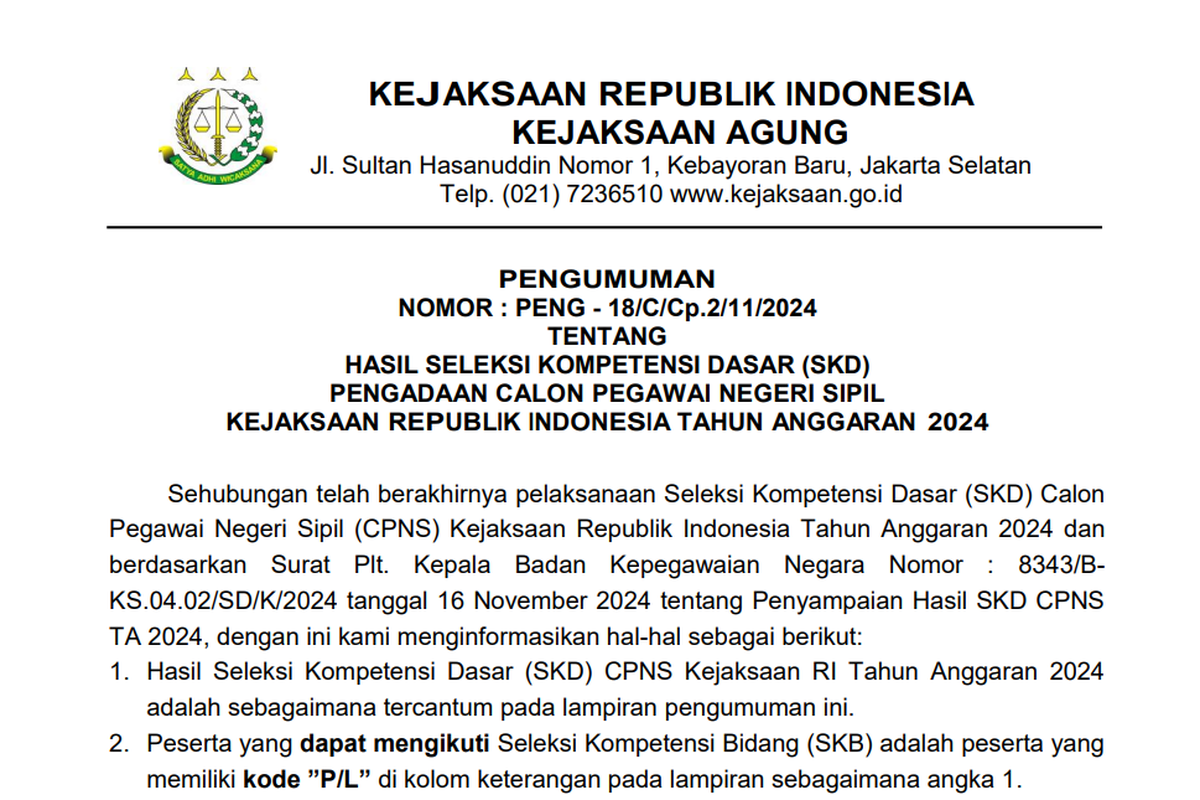 Link Pengumuman Hasil SKD CPNS 2024 Kejaksaan RI, Klik Rekrutmen.kejaksaan.go.id