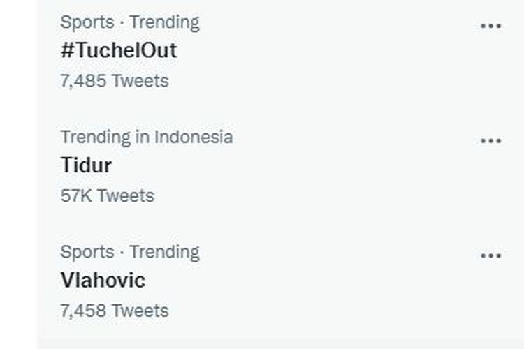 Tagar #TuchelOut dan #AllegriOut menjadi trending topic di Twitter. Tagar itu muncul setelah Chelsea dan Juventus menelan kekalahan pada matchday pertama Liga Champions 2022-2023, Rabu (7/9/2022) dini hari WIB.