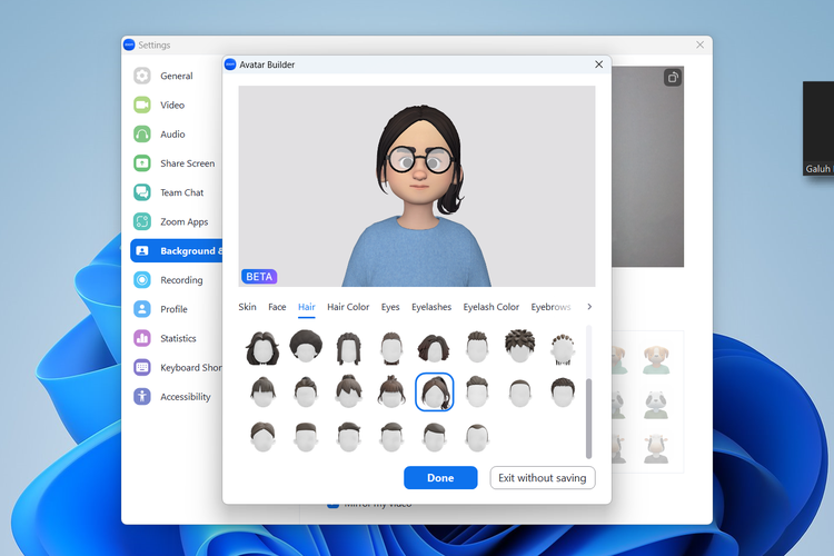Cara membuat human avatar di Zoom. Pengguna bisa membuat avatar 3D dengan memilih bentuk wajah, mata, hidung, alis, bibir, hingga pakaian dan aksesori kepada sesuai keinginannya.