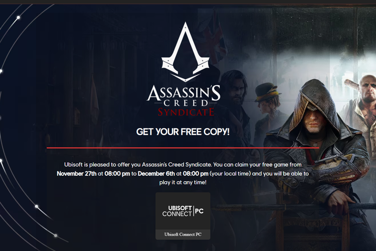 Pengguna bisa mengeklaim Assassin's Creed Syndicate secara gratis dengan menekan tombol Ubisoft Connect