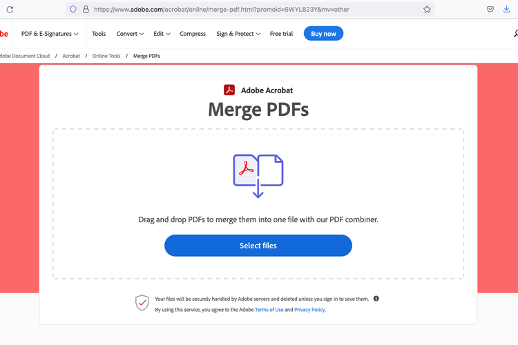 Ilustrasi cara menggabungkan file PDF melalui Adobe Online Tools.