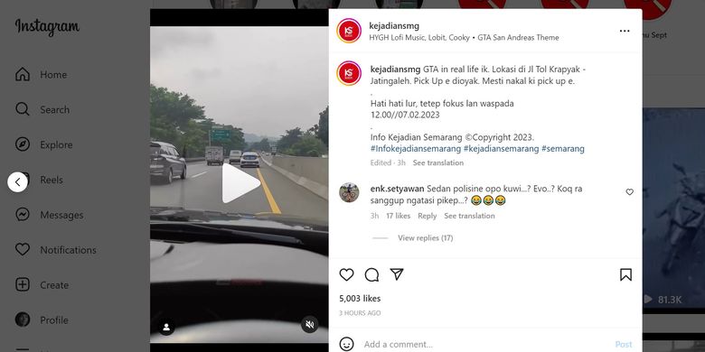 Video viral polisi mengejar mobil pikap di tol di wilayah Semarang