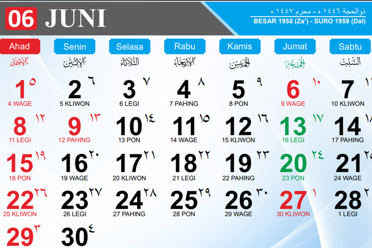 Kalender Juni 2025. Kalender Juni 2025: libur tanggal merah dan long weekend Idul Adha