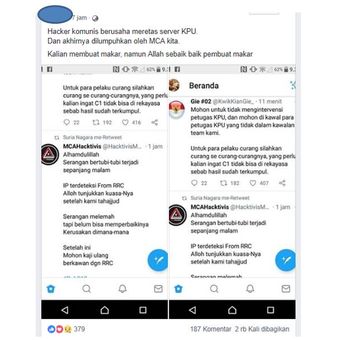 Tangkapan layar mengenai informasi adanya peretasan server KPU