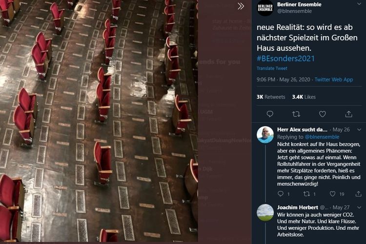 Tangkapan layar akun twitter Berliner Ensemble. Gedung teater terkemuka ini berencana mengatur ulang tempat duduk penontonnya.