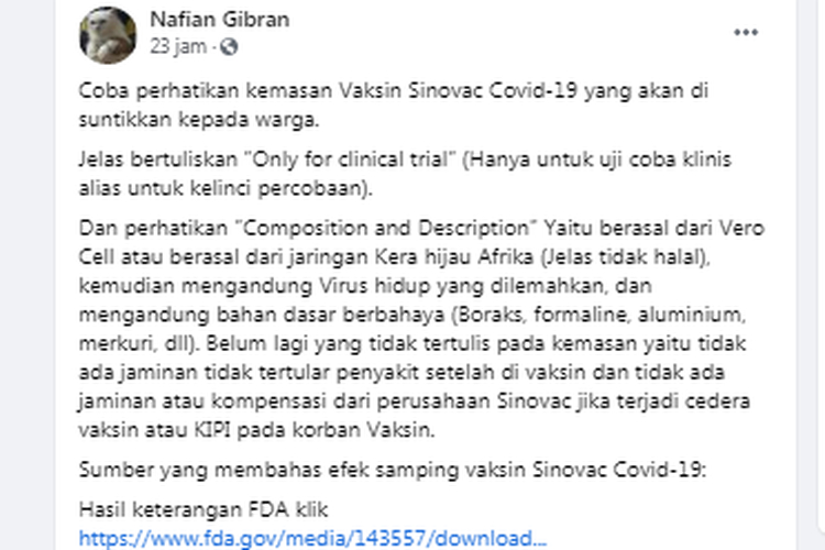 Hoaks vaksin Sinovac disebut hanya untuk kelinci percobaan dan mengandung bahan tidak halal termasuk boraks dan formalin