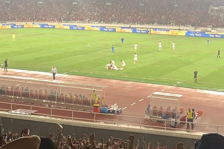 Thom Haye melakukan selebrasi bersama timnas Indonesia setelah membuka keunggulan Indonesia menjadi 1-0 atas Filipina dalam pertandingan Kualifikasi Piala Dunia 2026 Zona Asia di Stadion Utama Gelora Bung Karno, Selasa (11/6/2024).