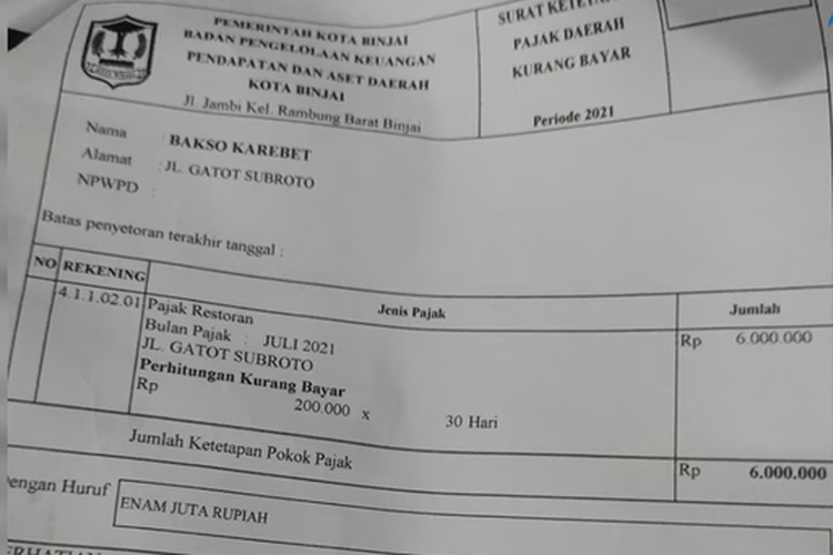 Tangkapan layar surat tagihan pajak yang diterima pemilik usaha Bakso Karebet di Binjai. Pemilik usaha bernama Handoko mengaku kaget karena harus membayar pajak Rp 6 juta.