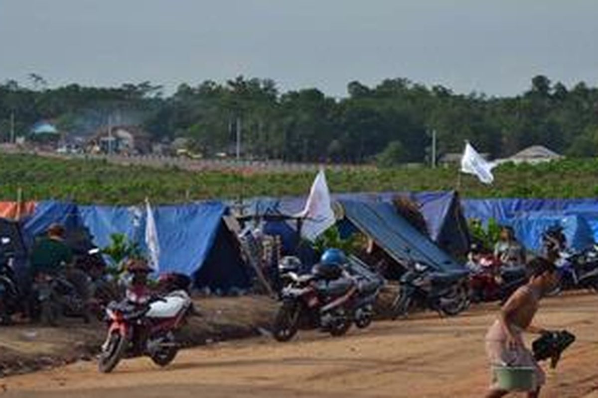 Warga Kembali ke Daerah Konflik Puluhan tenda milik warga berjajar di kawasan hutan produksi Register 45 yang dikelola PT Silva Inhutani Lampung di kawasan Tugu Roda, Mesuji, Provinsi Lampung, Sabtu (17/12/2011). Sebanyak 1.350 warga korban penggusuran kembali menempati wilayah sengketa tanah ini sejak sepekan terakhir ini.  