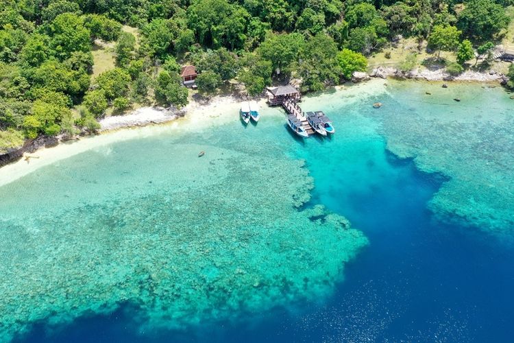 Pemandangan perahu sedang parkir di sebuah resort di Pulau Menjangan, salah satu destinasi pantai di Bali barat.