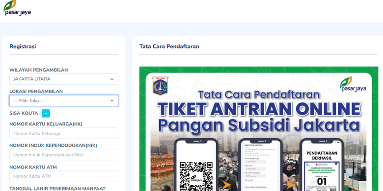 Tangkapan layar antrean KJP 2026, antrean KJP Pasar Jaya. Link sembako KJP. Antrean KJP Pasar Jaya. Antrean pangan KJP. Pangan murah KJP. Cara daftar antrean KJP Pasar Jaya 2026.