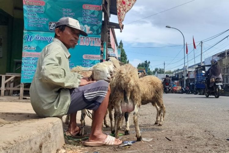 Sugiarto, salah satu penjual kambing yang memilih berjualan di jalanan lantaran pasar kambing di Kabupaten Tuban, ditutup pemerintah daerah guna mencegah penyebaran PMK di Tuban.