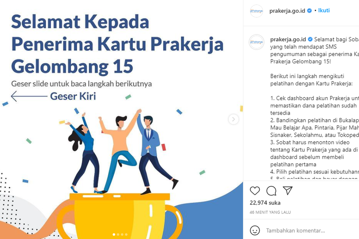 Tangkapan layar gelombang 15 Prakerja diumumkan Rabu (24/3/2021) pukul 12.00 WIB