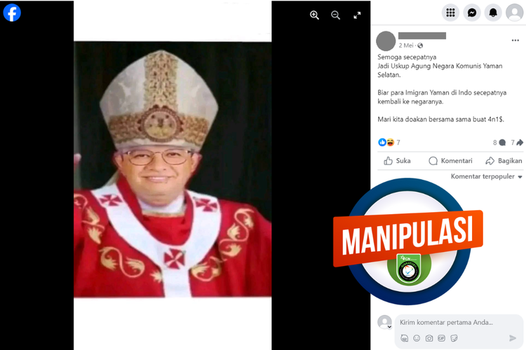 Tangkapan layar konten manipulasi di sebuah akun Facebook, 2 Mei 2023, berisi foto Anies Baswedan memakai pakaian Uskup Agung.