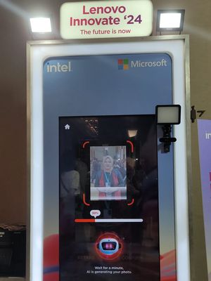 Pengunjung Lenovo Innovate '24 bisa mencoba AI Generated Photo Booth. Di sini, foto diri pengunjung dapat diubah menjadi pribadi yang lain. 
