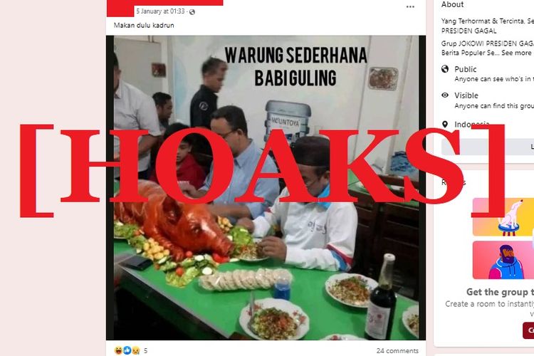 Tangkapan layar Facebook narasi yang menyebut bahwa Anies Baswedan makan babi guling