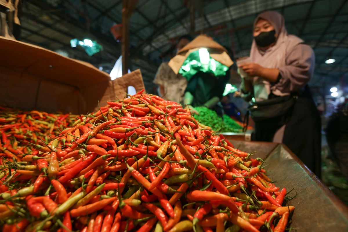 Suasana lapak penjual cabai rawit merah di Pasar Induk Kramat Jati, Jakarta, Selasa (28/6/2022).