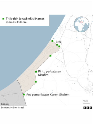 Titik-titik lokasi milisi Hamas memasuki Israel.