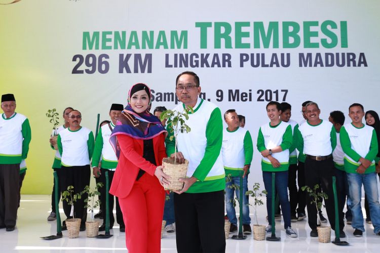 Penyanyi dangdut Kristina terlibat dalam aksi menanam pohon trembesi yang diadakan oleh Djarum Trees For Life di Kabupaten Sampang, Madura, Selasa (9/5/2017).