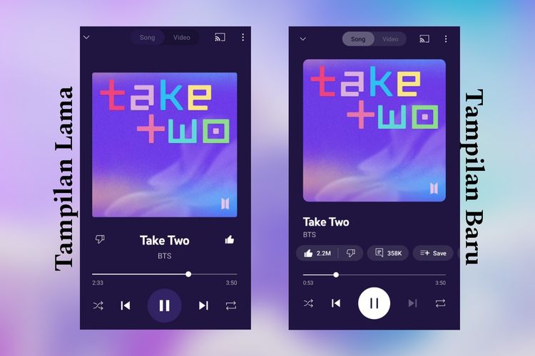 Perbandingan tampilan Now Playing YouTube Music yang lama dan yang baru.