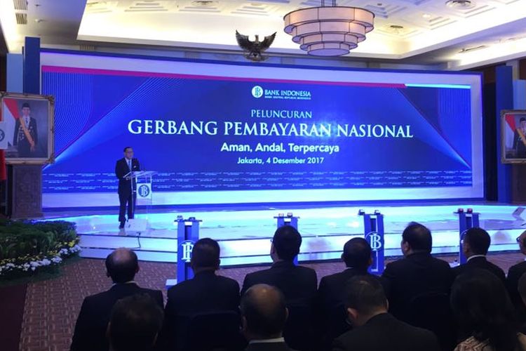 Gubernur BI Agus D. W. Martowardojo dalam peresmian Gerbang Pembayaran Nasional di Jakarta, Senin (4/12/2017)