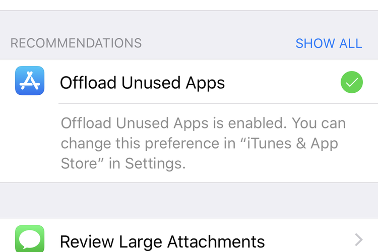 Opsi Offload unused apps di iPhone.