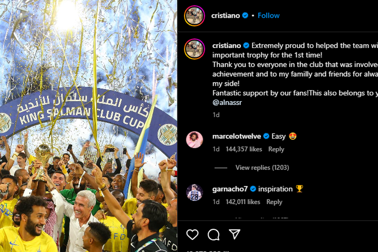 Tangkap layar unggahan akun Instagram Cristiano Ronaldo.