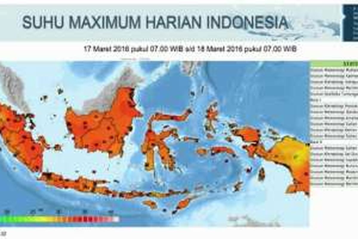 Suhu udara maksimum di Indonesia pada 17-18 Maret 2016.