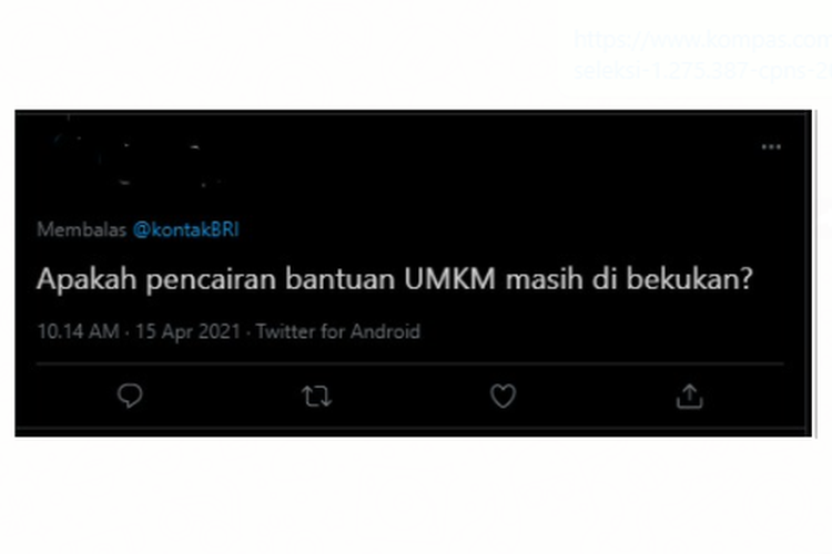 Tangkapan layar unggahan soal dana BLT UMKM dibekukan yang beredar di Twitter pada Kamis, (15/4/2021).