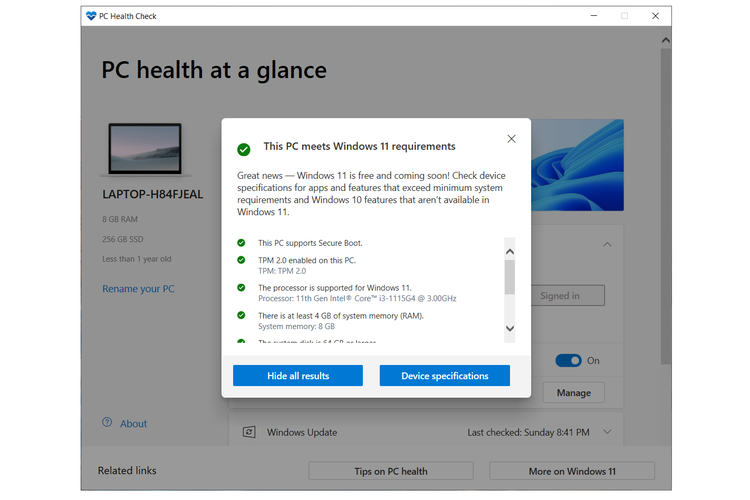 Hasil PC Health Check Xiaomi RedmiBook 15, bisa upgrade ke Windows 11.