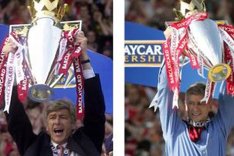 Kiri: Foto dokumen pada 11 Mei 2002, yang memperlihatkan manajer Arsenal, Arsene Wenger, mengangkat trofi Premier League usai menang 4-3 atas tamunya, Everton. (FOTO: AFP/NICOLAS ASFOURI)

Kanan: Foto dokumen pada 15 Mei 2004, ketika manajer Arsenal Arsene Wenger mengangkat trofi Premier League setelah timnya mengalahkan Leichester City di Highbury, London. Ini merupakan gelar terakhir Arsenal karena sampai sekarang mereka belum pernah menjadi juara lagi. (FOTO: AFP/JIM WATSON)