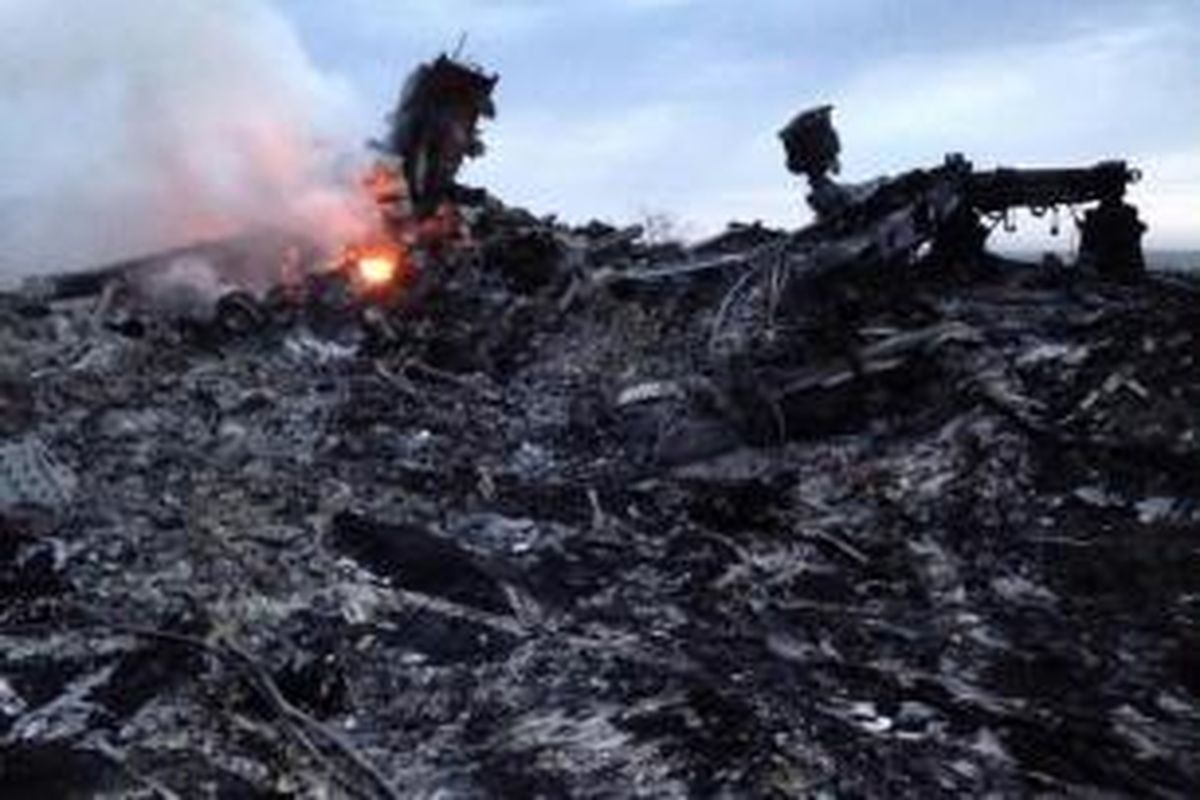 Puing pesawat Malaysia Airlines yang membawa 295 orang penumpang dari Amsterdam ke Kuala Lumpur yang jatuh di Kota Shaktarsk, timur Ukraina, Kamis (17/8/2014).