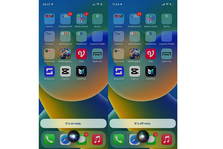 Ilustrasi cara menyalakan Flash iPhone dengan mantra sihir Harry Potter Lumos (kiri) dan mematikannya dengan kata Nox (kanan) di Siri.